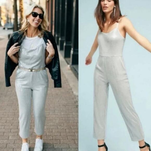 Anthropologie Ett:Twa Claudette Silver Sequined Spaghetti Strap Jumpsuit - 10 - Picture 2 of 10